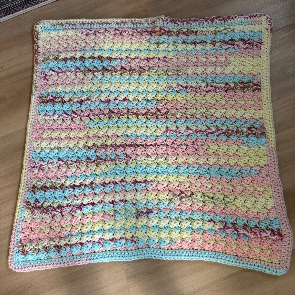 Hand Crochet Square Rainbow Baby Blanket Multicolor Pastel Cottagecore Knit